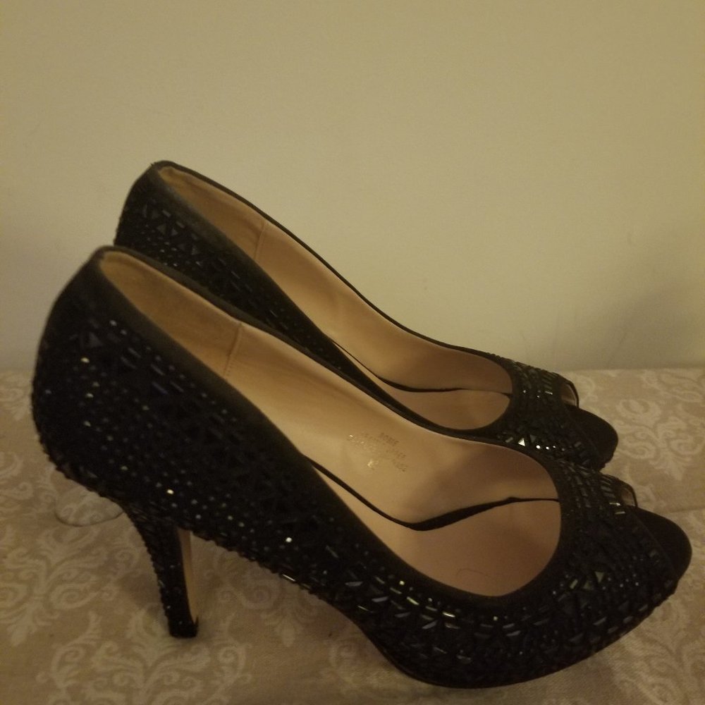 Black Rhinestone Peep-toe Heels